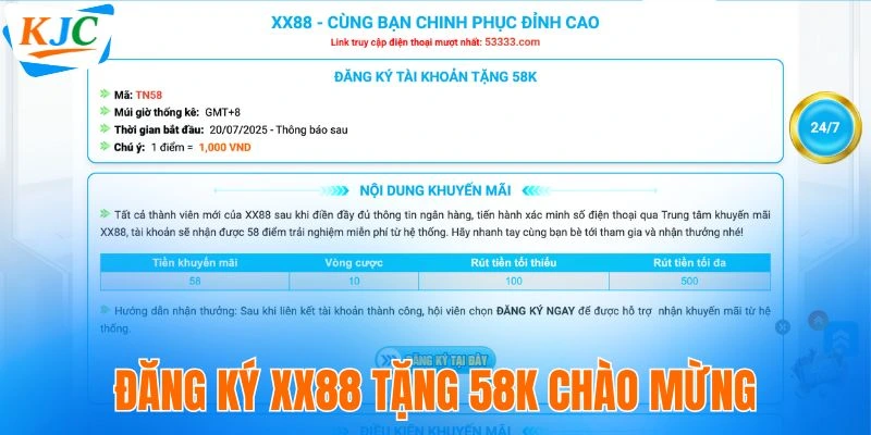 Đăng ký XX88 tặng 58K chào mừng
